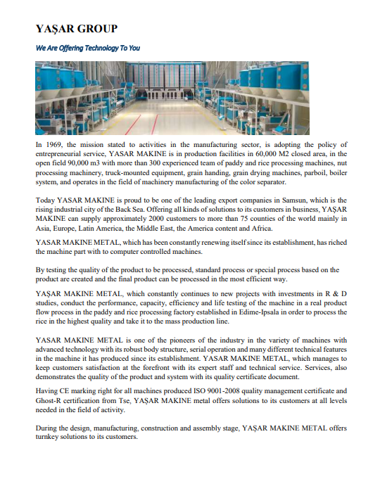 Yasar Makine rice mill machinery